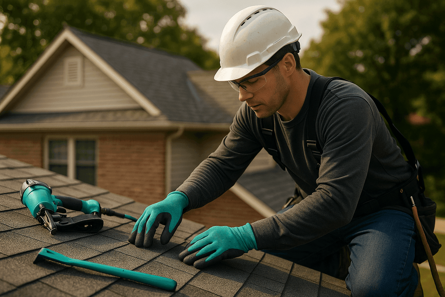 Professional roofer in safety gear inspecting residential roof with teal-accented tools
